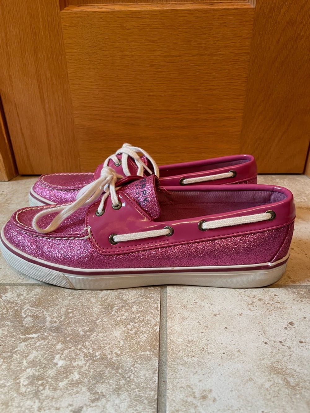 Sperry Women's Magenta Glitter Boat Shoes with White Laces - Picture 4 of 5